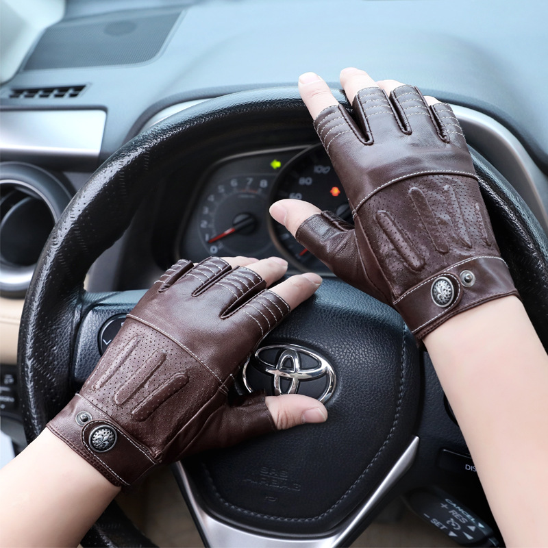 Leather Driving Glove - Semi-Finger Real Leather Gloves Male Motorcycle